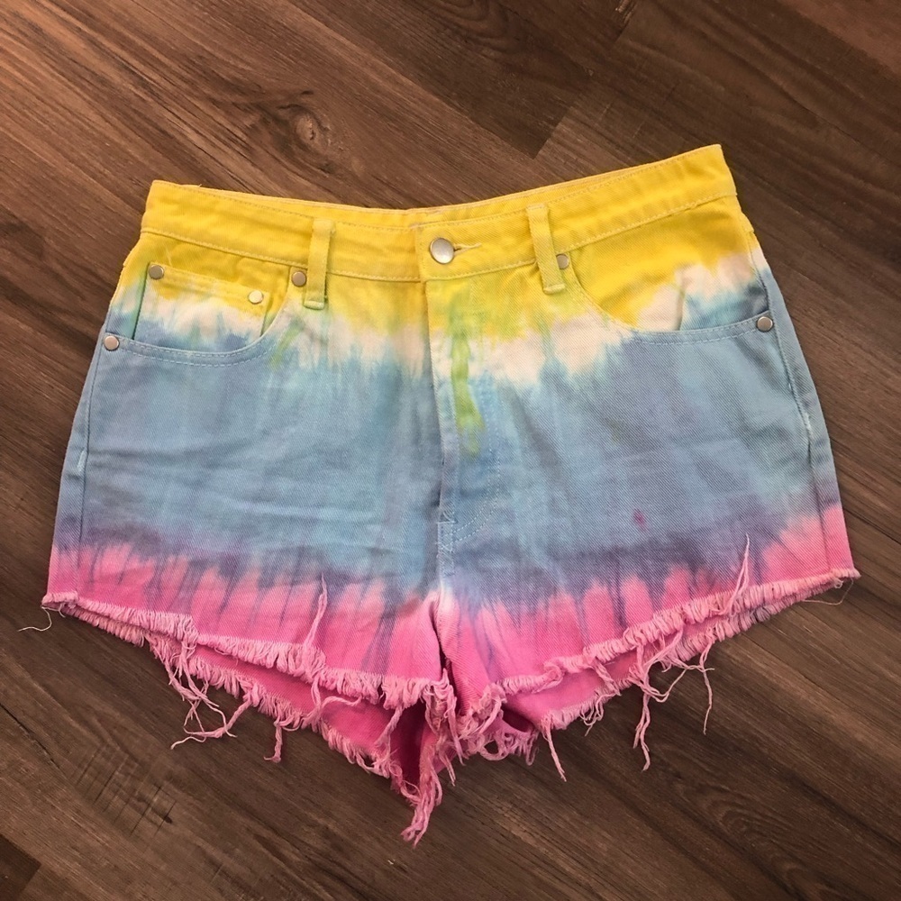 Nasty Gal Yellow Blue Pink Tie-Dye High Waist Shorts
